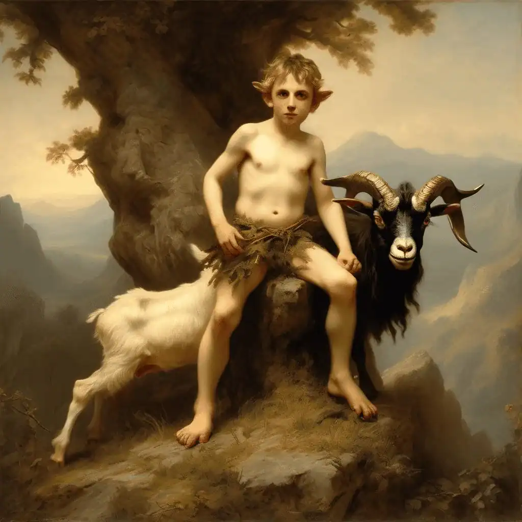 Trial of strength (satyr boy with billy goat in landscape) – Ludwig Knaus